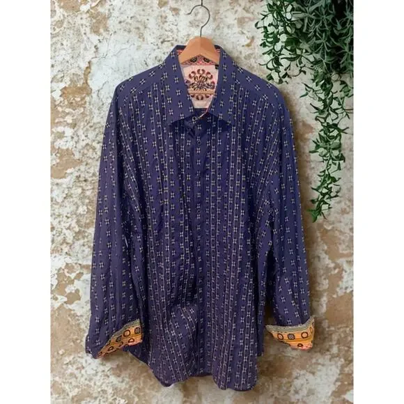 Robert Graham Textured Shirt Sz. 3XL Blue Geometric Flip Cuff Button EUC - Picture 3 of 11